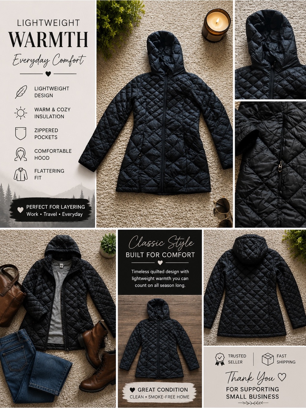 Nordstrom 32 Degrees Women’s Black Hooded Lightweight Down Puffer Jacket S - Picture 1 of 7